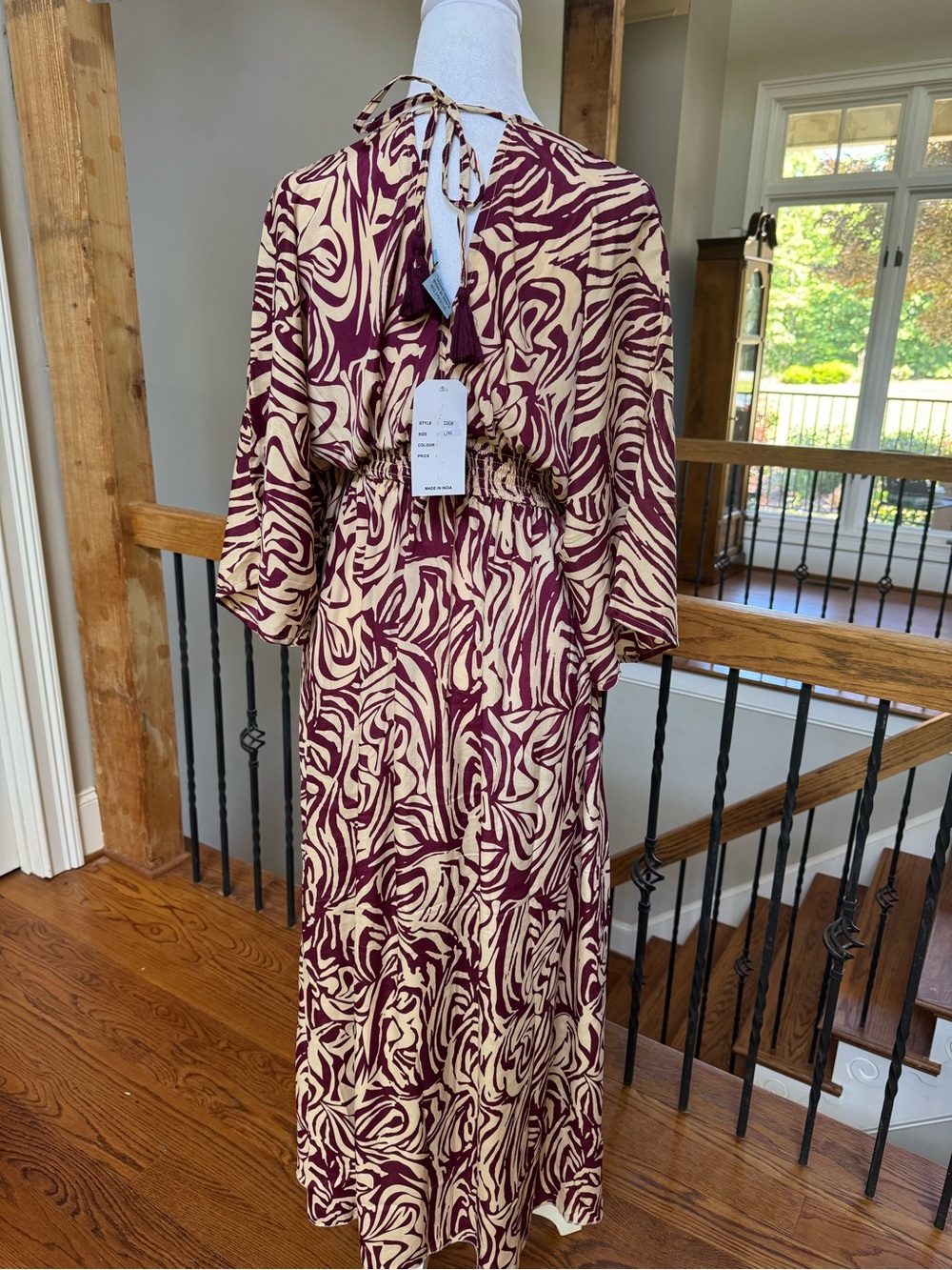 Silk Wine Red and Cream Kimono Dolman Sleeve Maxi Dress with Elastic Waist - Picture 4 of 6